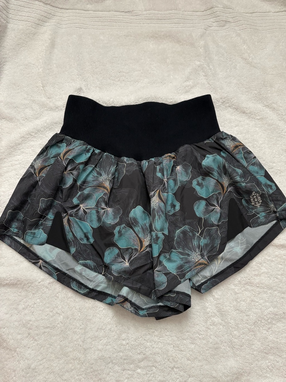 FP Movement by Free People Black Athletic Shorts with Teal Floral Print